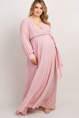 Light Pink Chiffon Long Sleeve Pleated Plus Maternity Maxi Dress