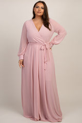 Light Pink Chiffon Long Sleeve Pleated Plus Maxi Dress