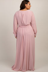 Light Pink Chiffon Long Sleeve Pleated Plus Maxi Dress