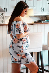 Light Blue Rose Print Ruffle Fitted Maternity Dress