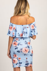 Light Blue Rose Print Ruffle Fitted Maternity Dress