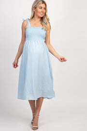 Light Blue Strap Tie Smocked Maternity Dress