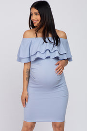 Light Blue Ruffle Off Shoulder Ruched Maternity Dress