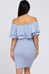 Light Blue Ruffle Off Shoulder Ruched Maternity Dress