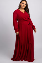 Burgundy Chiffon Long Sleeve Plus Maternity Maxi Dress