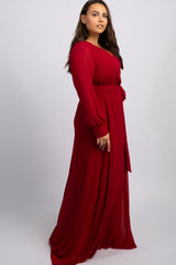 Burgundy Chiffon Long Sleeve Pleated Plus Maxi Dress