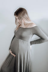 PinkBlush Petite Olive Solid Off Shoulder Maternity Maxi Dress