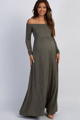 PinkBlush Petite Olive Solid Off Shoulder Maternity Maxi Dress