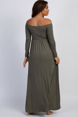 PinkBlush Petite Olive Solid Off Shoulder Maternity Maxi Dress