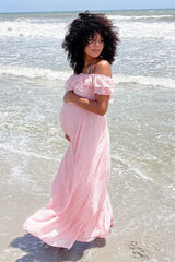 Pink Off Shoulder Tassel Tie Maternity Maxi Dress