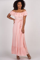 Pink Off Shoulder Tassel Tie Maternity Maxi Dress