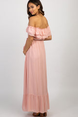 Pink Off Shoulder Tassel Tie Maternity Maxi Dress