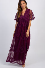 PinkBlush Deep Burgundy Lace Mesh Overlay Maxi Dress