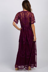 PinkBlush Deep Burgundy Lace Mesh Overlay Maxi Dress