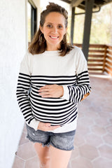 PinkBlush Ivory Striped Elbow Patch Knit Maternity Sweater