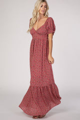 Pink Floral Puff Sleeve Maxi Dress