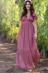 Pink Floral Puff Sleeve Maxi Dress