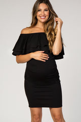 Black Off Shoulder Ruched Maternity Dress