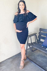 Black Off Shoulder Ruched Maternity Dress