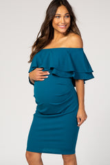 PinkBlush Teal Ruffle Off Shoulder Ruched Maternity Dress