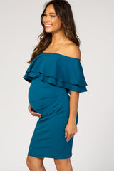 PinkBlush Teal Ruffle Off Shoulder Ruched Maternity Dress