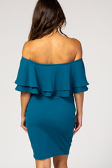 PinkBlush Teal Ruffle Off Shoulder Ruched Maternity Dress