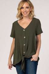 Light Olive Button Tie Front Top