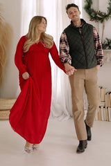 Red Chiffon Long Sleeve Pleated Maternity Maxi Dress