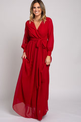 Red Chiffon Long Sleeve Pleated Maternity Maxi Dress