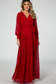 Red Chiffon Long Sleeve Pleated Maternity Maxi Dress