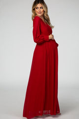 Red Chiffon Long Sleeve Pleated Maternity Maxi Dress