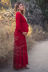 Red Chiffon Long Sleeve Pleated Maternity Maxi Dress