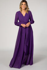 Purple Chiffon Long Sleeve Pleated Maxi Dress