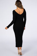 Black V-Neck Long Sleeve Fitted Maxi Dress