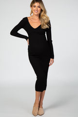 Black V-Neck Long Sleeve Fitted Maternity Maxi Dress