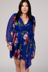 Royal Blue Floral Chiffon Plus Wrap Dress