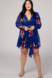 Royal Blue Floral Chiffon Plus Wrap Dress