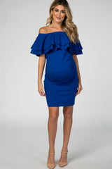 Royal Blue Off Shoulder Ruched Maternity Dress