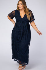 PinkBlush Navy Lace Mesh Overlay Plus Maxi Dress