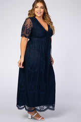 PinkBlush Navy Lace Mesh Overlay Plus Maxi Dress