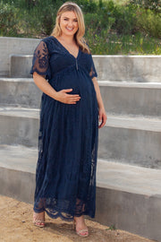 PinkBlush Navy Lace Mesh Overlay Plus Maternity Maxi Dress