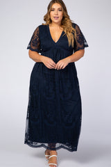 PinkBlush Navy Lace Mesh Overlay Plus Maxi Dress