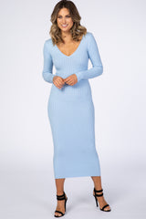 Light Blue V-Neck Long Sleeve Fitted Maxi Dress