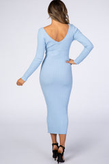 Light Blue V-Neck Long Sleeve Fitted Maxi Dress