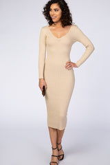 Taupe V-Neck Long Sleeve Fitted Maxi Dress