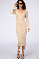 Taupe V-Neck Long Sleeve Fitted Maternity Maxi Dress