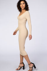 Taupe V-Neck Long Sleeve Fitted Maxi Dress