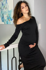 PinkBlush Black One Shoulder Fitted Midi Maternity Dress