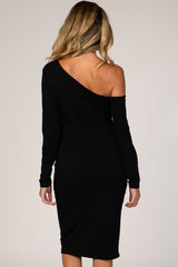 PinkBlush Black One Shoulder Fitted Midi Maternity Dress