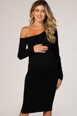 PinkBlush Black One Shoulder Fitted Midi Maternity Dress